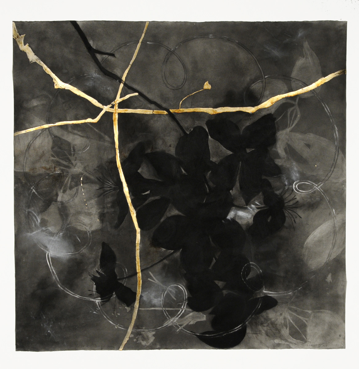 charcoal, graphite, silver leaf, earth, wax, mica 52.5” x 52.5” 2010