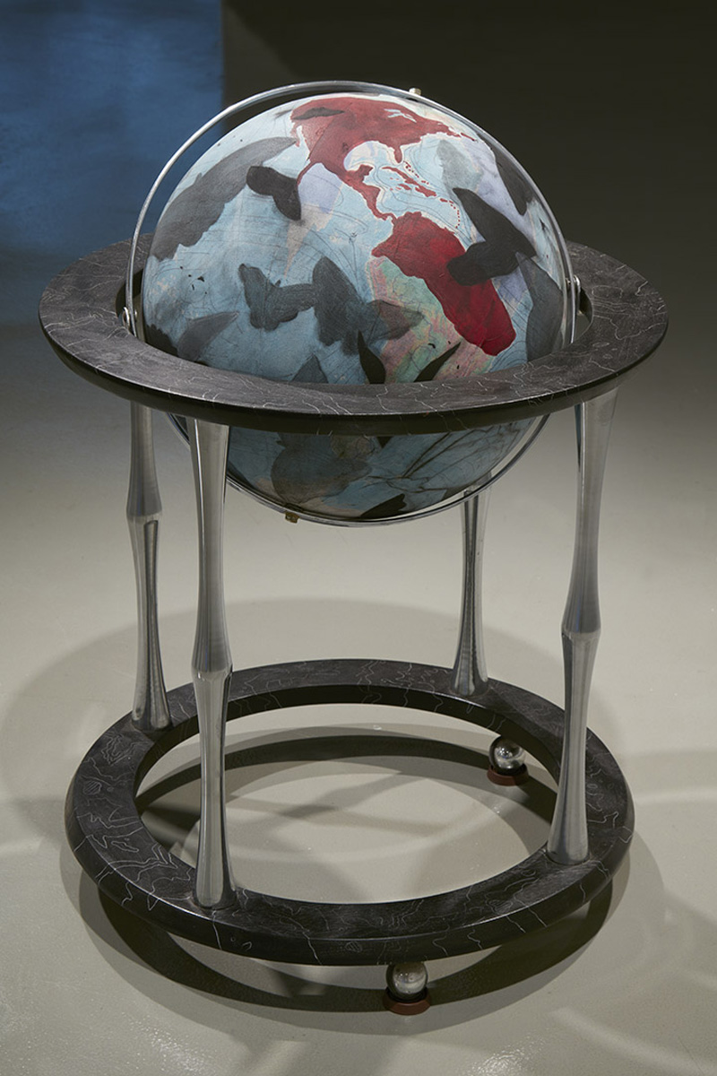 charcoal, cochineal ink, gesso, globe, color pencil, walnut, chrome, 22” diameter x 33” w/ attached stand, 2017