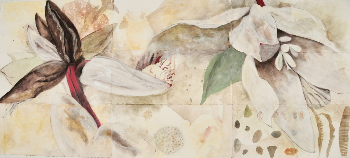 charcoal, earth, watercolor, cochineal, mica, mixed media    39”  x 88”    2023