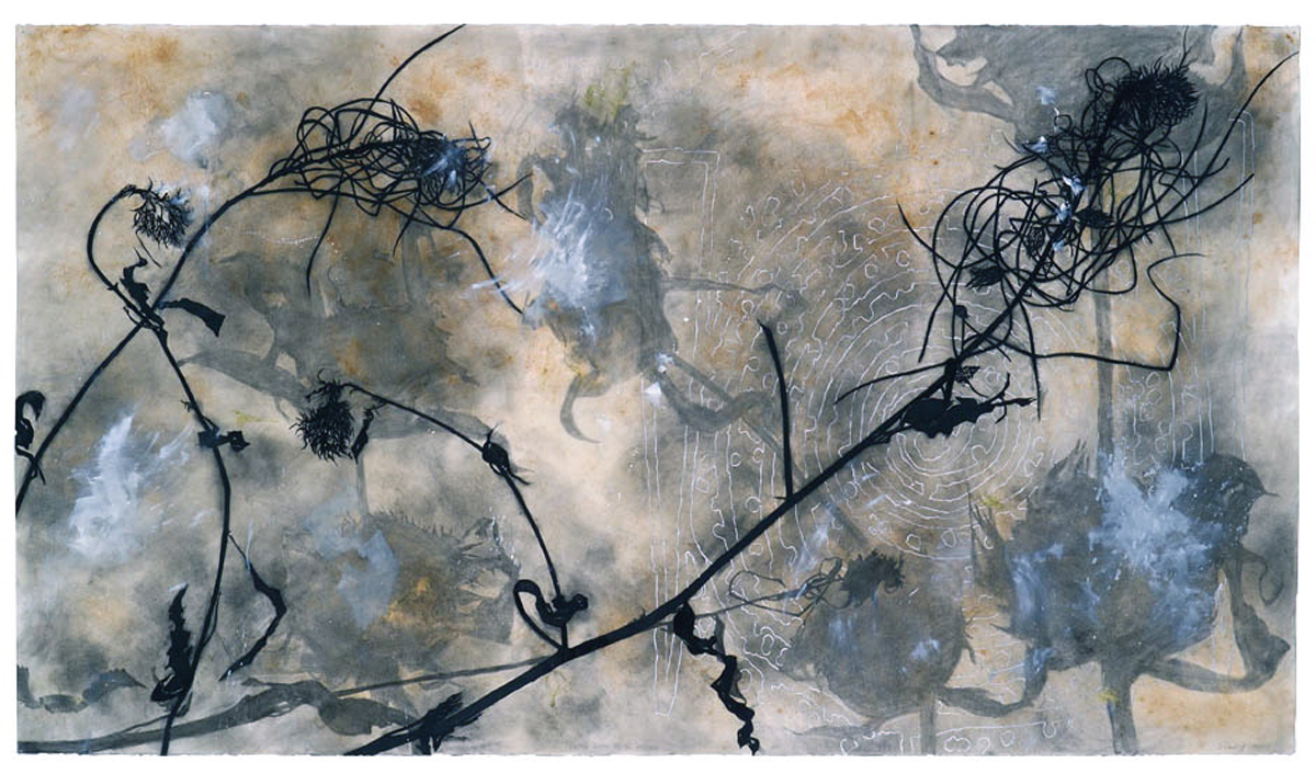 charcoal, earth, cochineal, watercolor, graphite, wax, mica, gesso 52.5" x 91", 2007