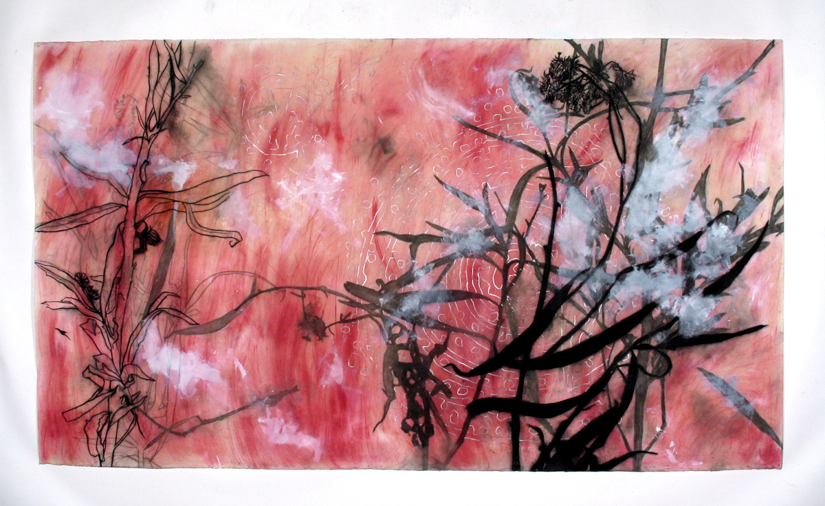 charcoal, earth, cochineal, watercolor, graphite, wax, mica, gesso 52.5" x 91", 2008