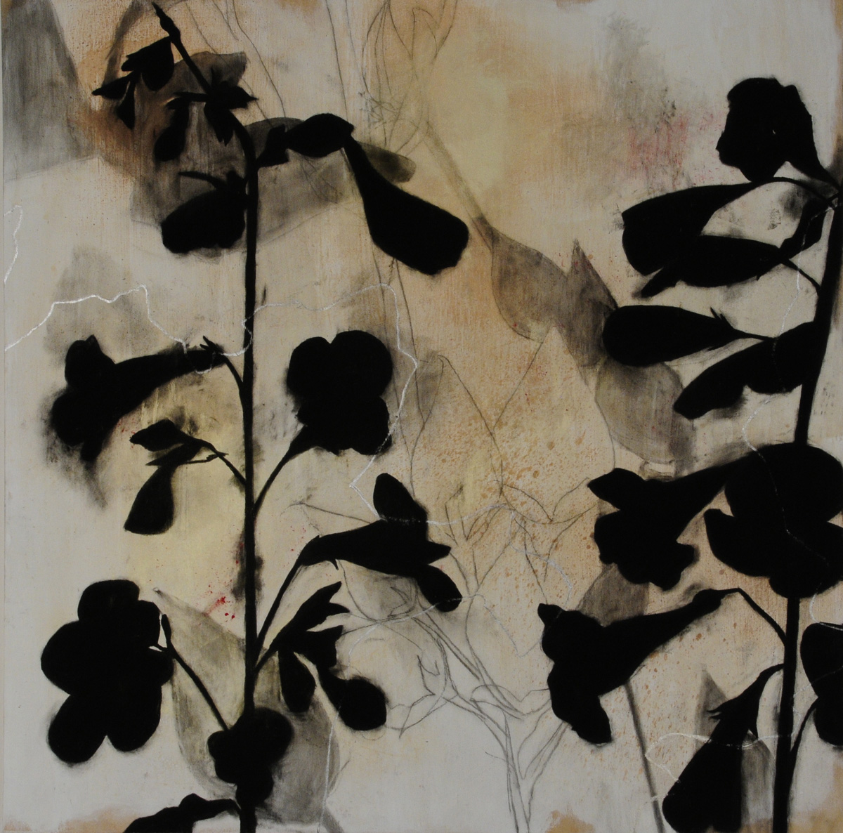 charcoal, earth, cochineal, mica, silver leaf, gesso on wood panel, 30” x 30”, 2013